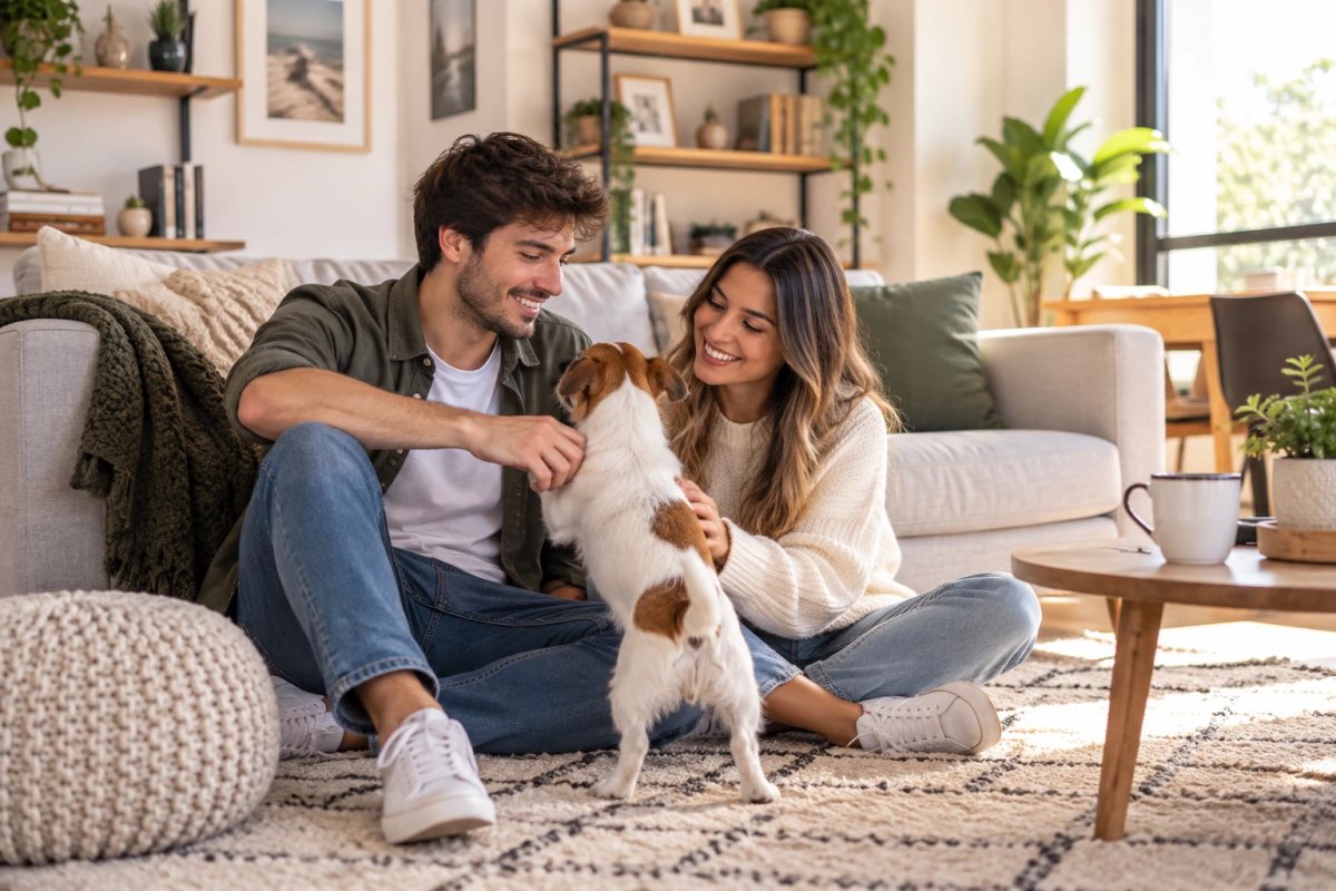 Una pareja joven riéndose con su perro en el living del departamento que alquila